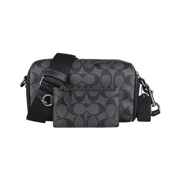 COACH Axel經典CC字LOGO塗層帆布拼高級皮革拉鍊肩背/斜背包(男款/炭黑)