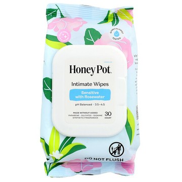 The Honey Pot Company, 私密護理溼巾，適合敏感皮膚，含玫瑰花水，30 片