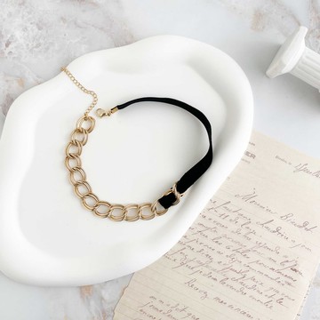 鍊條與絲絨緞帶不對稱頸鍊 SV491