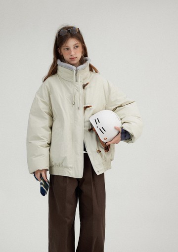 巴恩風復古 毛領牛角扣羽絨服外套