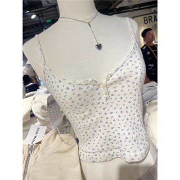 Brandy夏季新款V領三粒扣碎花內搭上衣 bm短款紐扣吊帶背心女外穿