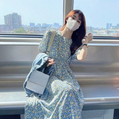 夏服♡半袖 プリーツ ロングワンピース ブルーグレー レディース ...