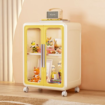【AOTTO】奶油撞色附輪可疊加雙開門收納櫃-奶油黃(AL-217Y)