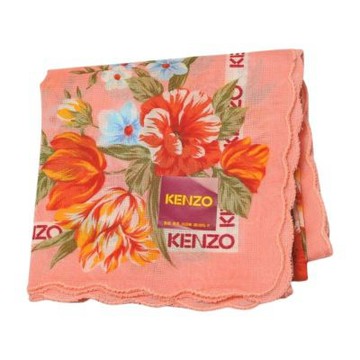 KENZO 經典品牌粉紅底繽紛花朵圖騰字母LOGO荷葉邊帕巾(蜜桃粉/48CM)