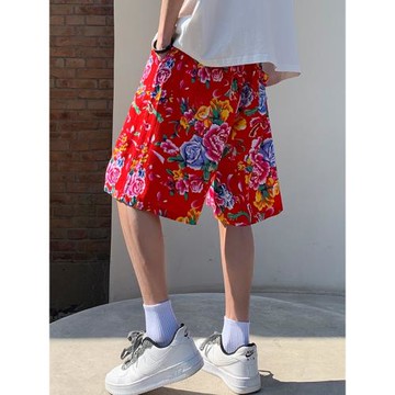 中國風嘻哈花褲衩子男夏季國潮設計感痞帥短褲東北大花休閑沙灘褲