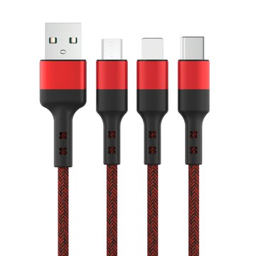 嚴選 耐彎折一拖三5A快充線 手機/平板充電編織線  紅色  1m  1條