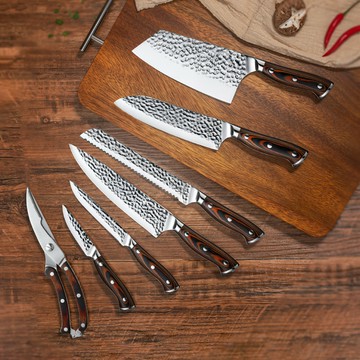 雙鋼頭7件套刀具套裝 不銹鋼菜刀彩木手柄廚師刀家用廚房切菜刀