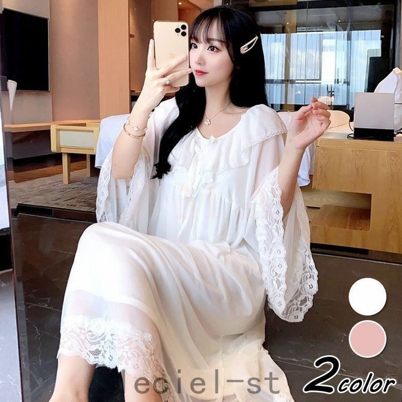 ネグリジェ 春夏秋 姫 ワンピース ロング丈 レースネグリジェ シースルー 長袖 パジャマ レディース 大人可愛い オシャレ新作 2色 通販 Lineポイント最大get Lineショッピング