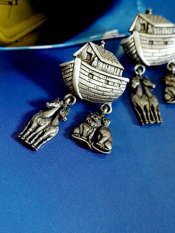 vintage jewelry  JJ  古董 銀色諾亞方舟 針式耳環