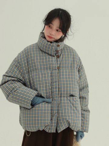 藍色格紋 松果格絨 休閒格子羽絨服 復古格紋立領短款保暖外套