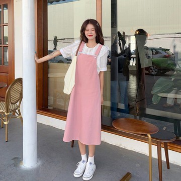 女裝服飾 套裝 揹帶裙套裝女 粉色 揹帶裙 法式 木耳邊 白色 短袖 顯瘦 氣質 減齡 女學生兩件套 新款 摩天大樓