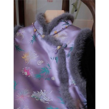 復古國風改良紫色斜襟馬甲新中式輕奢高級感重工提花毛絨立領背心