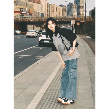 美式復古撞色大碼胖mm短袖T恤女夏季寬松百搭oversize插肩半袖衫