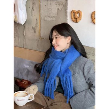 克萊因藍秋冬綠色加厚保暖高級感圍巾女新款學生情侶百搭披肩圍脖