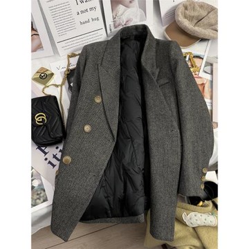 灰色羽絨內里設計感中長款人字紋毛呢子西裝外套女2024年冬季新款