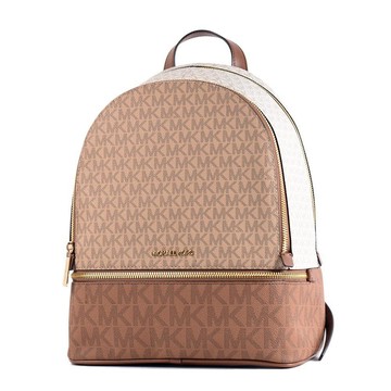 MICHAEL KORS RHEA 拚色緹花LOGO防刮雙拉鍊後背包-棕卡其中