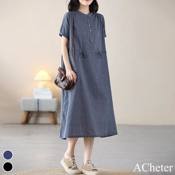 【ACheter】條紋短袖連身裙復古文藝休閒百搭寬鬆顯瘦長版洋裝# 118734 (現貨+預購)