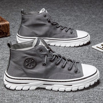 新款男鞋秋季透氣高幫帆布板鞋男士休閑薄款冰絲布鞋百搭潮鞋