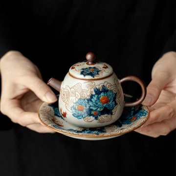 汝窯金萬花陶瓷茶壺高檔輕奢泡茶壺個人專用壺開片可養泡茶器