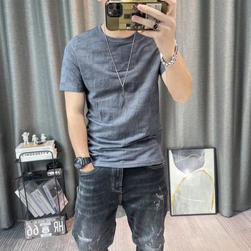 亞麻t恤男夏季新款高端時尚體恤棉麻全身印花短袖麻料衣服男裝薄t