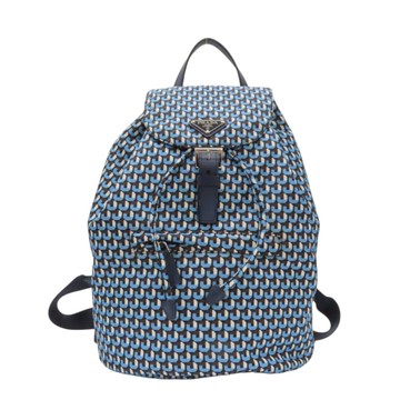 PRADA 普拉達 藍/白/棕色 幾何圖形尼龍 後背包 BZ0032 【二手名牌BRAND OFF】