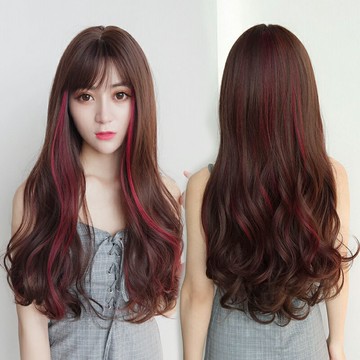 假發女挑染長卷發 斜劉海大波浪整頂假發套 網紅逼真全頭套式圓臉