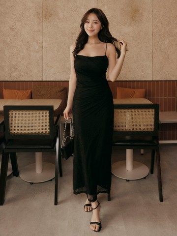 只為妳盛裝出席；細肩雙層蕾絲抓皺BraDress 兩色