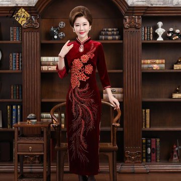 碧陽2019秋冬女裝結婚宴會金絲絨改良旗袍媽媽裝禮服女連衣裙長款