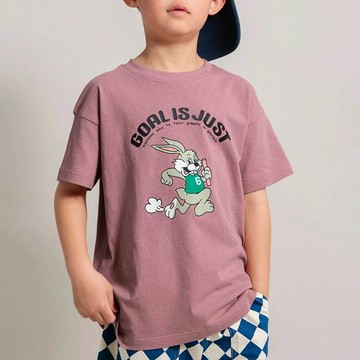 日本 BRANSHES - 純棉美式印花短袖上衣-賽跑兔子-藕粉