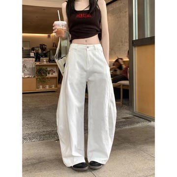 卡其色復古彎刀牛仔褲女2025秋季新款美式寬松百搭闊腿拖地長褲子