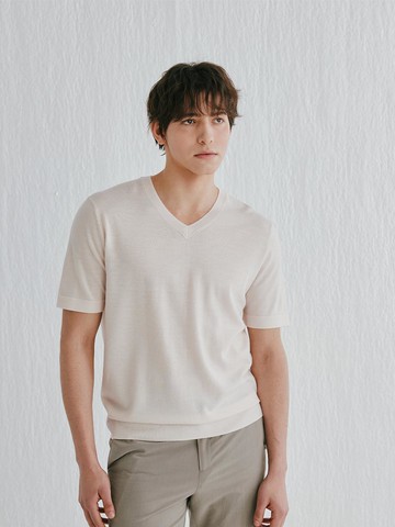 100% Wool Short Sleeve V-neck Pullover Sweater [Sand Beige] (M52MPU001SE)