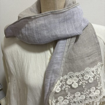 手工製作◆原色亞麻雙面拉벤ダー披肩，綴有刺繡花朵蕾絲與流蘇蕾絲，C&S 亞麻雙層紗格紋&條紋