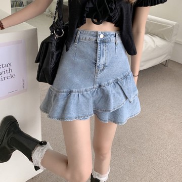 La Belleza減齡復古刷色彈性腰圍雙層大荷葉邊牛仔裙(有內襯短褲)M~XL