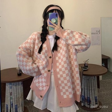 【免費參觀】開衫針織毛衣 毛衣女 針織外套 學院風V領格子情侶毛衣外套女學生秋冬外穿寬鬆慵懶復古針織開衫 KWH4