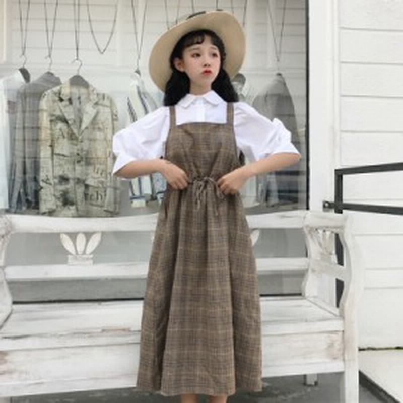チェック柄 エプロンワンピース ロング ミモレ丈 ウエストリボン ナチュラル フェミニン Mh0038 通販 Lineポイント最大1 0 Get Lineショッピング