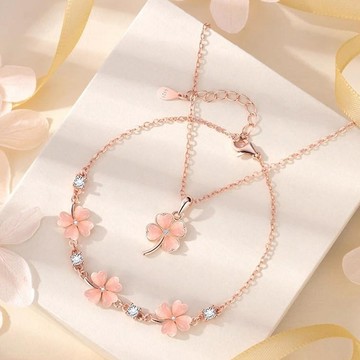 🔥台灣現貨🔥｜精緻小巧可愛貓眼石玫瑰金幸運草粉色桃花少女項鍊手鍊(玫瑰金項鍊、玫瑰金手鍊)｜🔥隔日到貨🔥｜MS