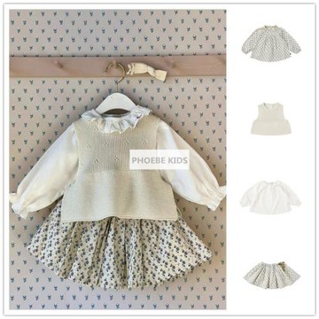 bene春裝兒童純棉長袖白襯衫馬甲半裙女寶寶碎花套頭上衣裙子套裝