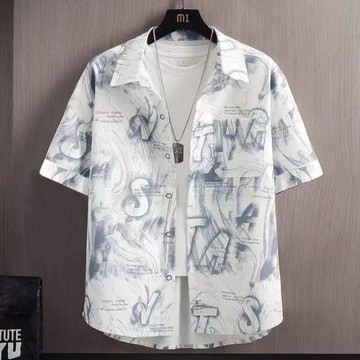 塗鴉印花~新款男生襯衫男寬鬆痞帥ins夏季薄款短袖襯衣青春潮流休閒上衣潮 短袖襯衫 翻領開衫 印花襯衣 男生上衣 短袖男