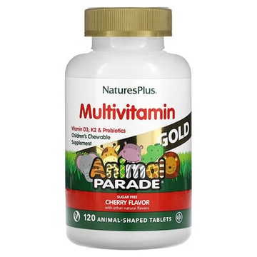 NaturesPlus, 生命之源動物遊行金版，兒童咀嚼複合維生素和礦物質補充劑，天然櫻桃味，120 片動物形片劑