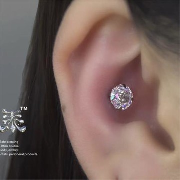 6mm千禧玫瑰切炫彩鋯石耳釘 18/16g內螺紋鈦合金防過敏小眾亞文化