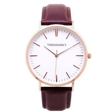 【THEODORA'S】Hera 簡約中性款真皮手錶[大錶面] 蛋殼白面-真皮紫紅【希奧朵拉】