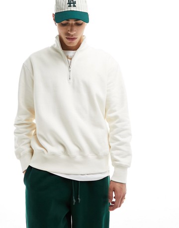 ASOS DESIGN heavyweight oversized half zip sweatshirt in cream-White