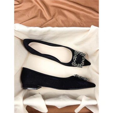 氣質水鉆黑色職業工作平底鞋女2025年新款春秋單鞋百搭淺口軟底鞋