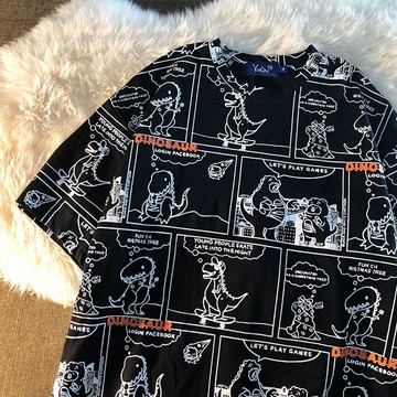 鹽系國潮短袖t恤女學生寬松百搭2021夏季新款可愛滿印扎染情侶ins