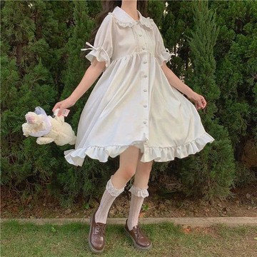 【限時下殺】洛麗塔裙子仙女裙夏季日系軟妹娃娃領繫帶泡泡短袖荷葉邊連衣裙女bdys