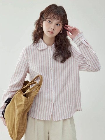 減齡粉白條紋娃娃領襯衫女春季新款長袖扣上衣