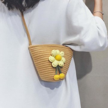 夏季小清新草編包包女時尚水桶手機包沙灘度假編織包單肩斜挎小包