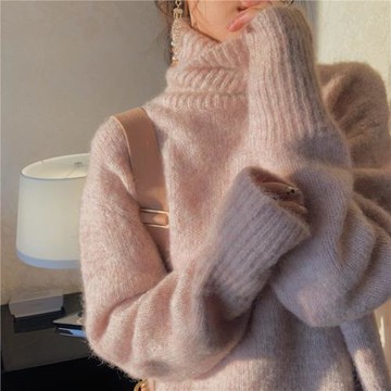 粉色高領毛衣女秋冬外穿寬松慵懶風套頭長款馬海毛針織衫上衣加厚