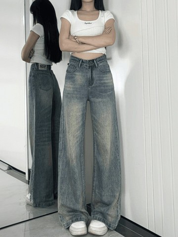 美式復古直筒牛仔褲女秋季新款胖妹妹mm高腰寬松顯瘦慵懶感闊腿褲鑫弘-素時衣櫥