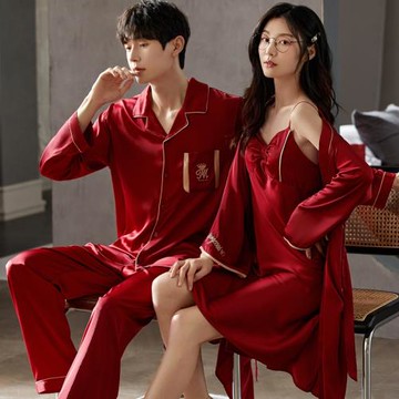情侶睡衣女結婚新婚冰絲長袖帶胸墊睡裙新娘晨袍夏款男紅色家居服